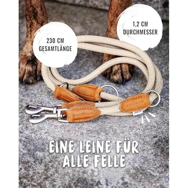 Rudelkönig Führleine Emma 2,30m, Verstellbare Hundeleine für mittelgroße & große Hunde, Elegante Tauleine in Creme mit hochqualitativem Kletterseil – Bild 3