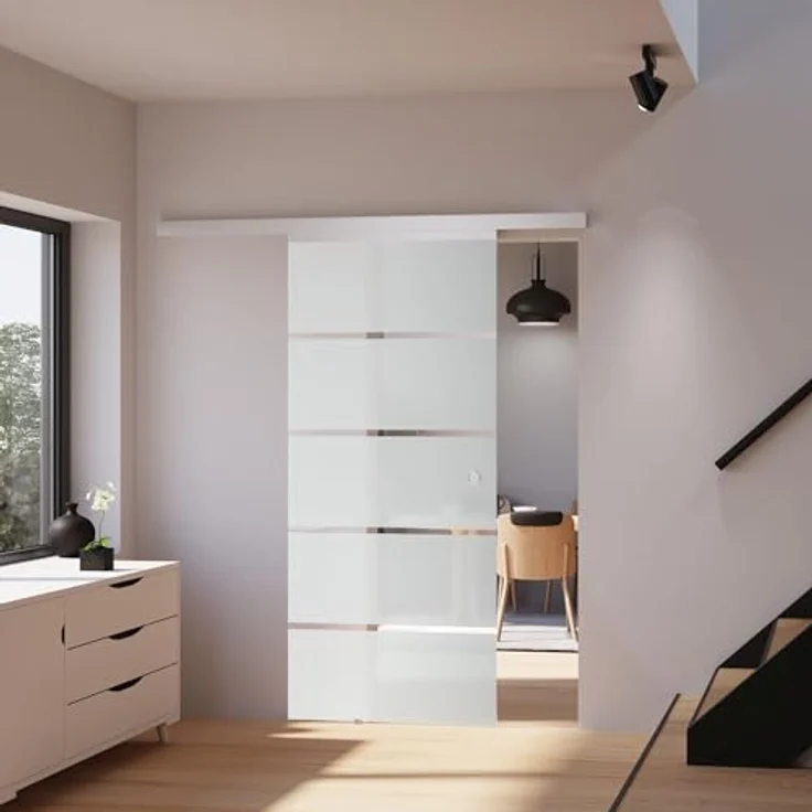inova Glas-Schiebetür 900 x 2035 mm, Blockstreifen Design, Aluminium Komplett-Set mit Softclose und Griffmuschel, rahmenlos aus 8 mm Sicherheitsglas – Bild 1