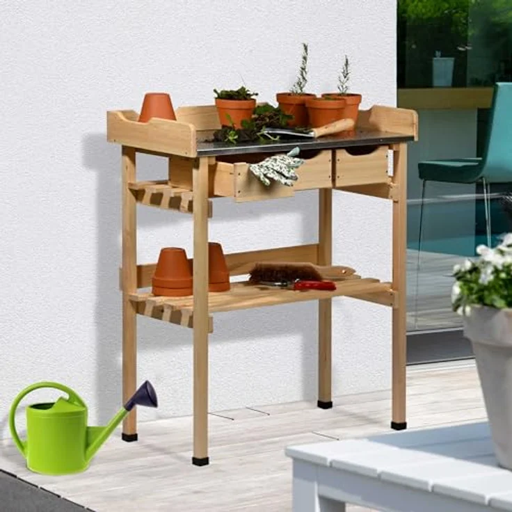 dobar® Pflanztisch mit 3 Schubladen und Ablageboden, Massivholz mit verzinkter Arbeitsplatte, 78 x 38 x 88 cm, Natur – Bild 4