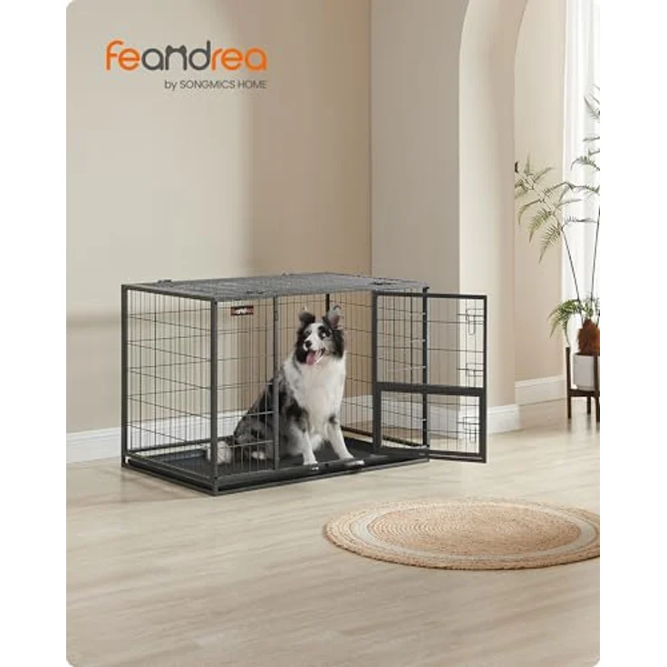 Feandrea Hundekäfig hochbelastbar, transportabler Haustierkäfig, XL, grau, 107 x 70 x 75 cm, für mittelgroße, große Hunde, sicher, 2 abnehmbare Türen, Welpenauslauf – Bild 2