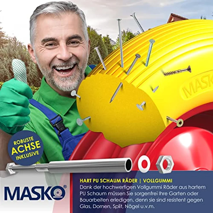 MASKO PU Schubkarrenrad Vollgummi 200 kg pannensicher 4.80-4.00-8 Ø 390mm inkl. Achse Ersatzrad Gummirad Stahlfelge Reifen pannensicher für Schubkarre Gartenkarren pannensicheres PU Rad Gelb - Rot – Bild 3