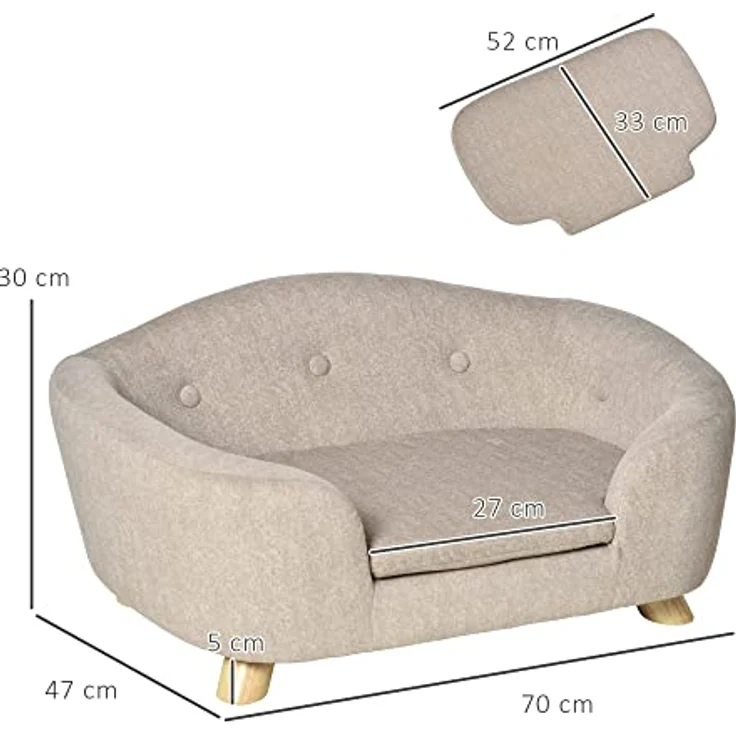 PawHut Haustiersofa Hundematte Hundebett Hundesofa Hundecouch Katzen Sofa mit Kissen Rückentasche Plüsch Schaumstoff Kiefernholz Cremeweiß 70 x 47 x 30 cm - Preisvergleich – Bild 3