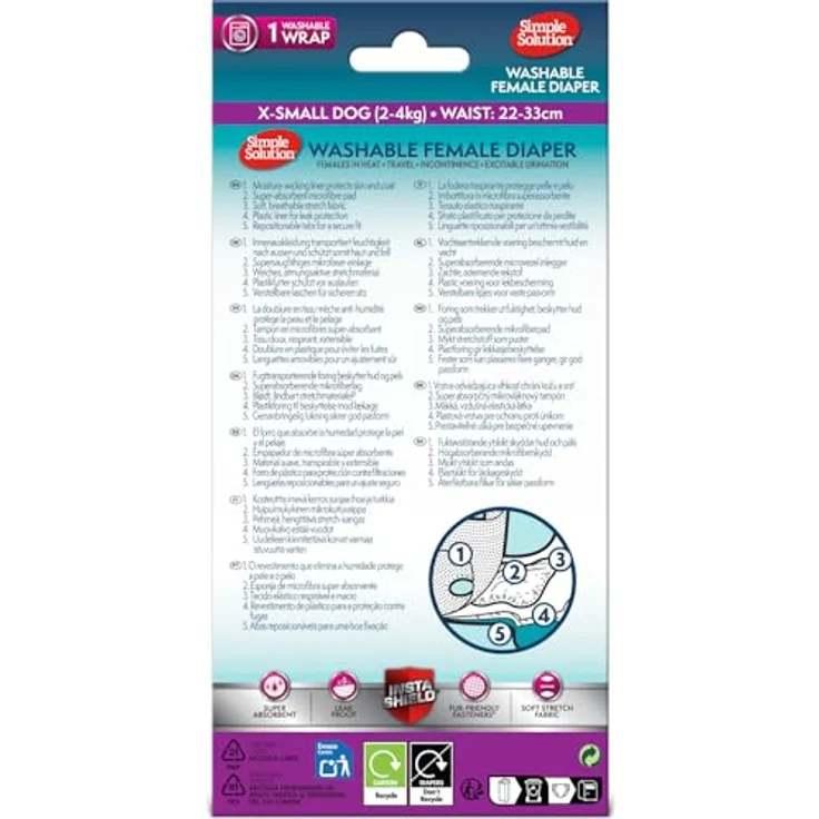 Simple Solution Waschbare Hunde Windel XS, super-absorbierend mit feuchtigkeitsableitendem Liner für Hündinnen 2-4 kg – Bild 2