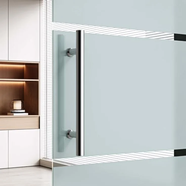 doporro Glasschiebetür Amalfi TS13H-900 90 x 215 cm | ESG-Sicherheitsglas 8mm satiniert | 5 Milchglas-Streifen | Stangengriff | Aluminumschiene | Edelstahl | 15mm Wandabstand – Bild 5