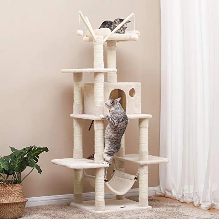 Feandrea XXL Kletterbaum mit Hängematte, Höhle, Spielsisal, 154 cm, Rauchgrau Beige Hellgrau PCT86M – Bild 2