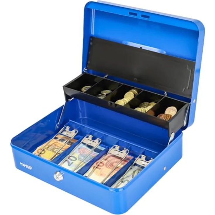 HMF 15230-05 Geldkassette abschließbar mit Münzeinsatz, 4 Scheinfächern und Tragegriff, Blau, 30 x 24 x 9 cm – Bild 2