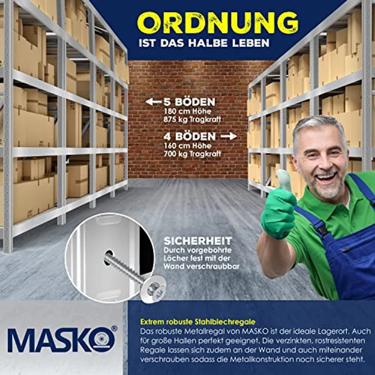 MASKO 2er-Set Lagerregal Schwerlastregal, Kellerregal , bis 875 kg belastbar, 5 verstellbare Ablagen, MDF-Platten Regal aus Metall, Steckregal, Werkstattregal, Keller, Garage 2x 160x80x40cm 4-Böden, 2x Silber 700kg – Bild 6