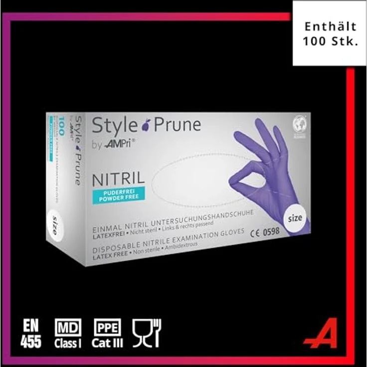 AMPri Nitrilhandschuhe, dunkellila, 100 Stück/Box, Größe L, puderfrei, Style Prune by Med-Comfort: Nitril Einmalhandschuhe, XS-XL in verschiedenen Farben – Bild 2