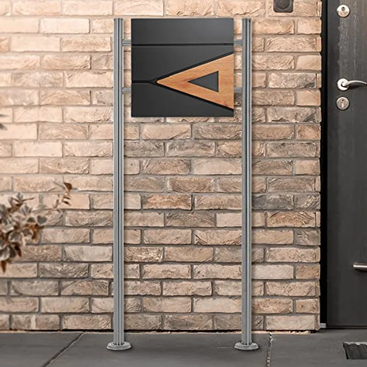 ECD Germany Standbriefkasten mit Zeitungsfach, Design Briefkasten mit Pfosten, Briefkastenanlage Briefkastenständer Ständer 2 Füße Silber metallic 120cm Edelstahl, Postkasten Anthrazit-Holzoptik Stahl