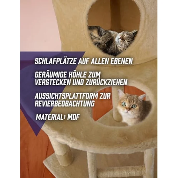 Spocado SPOCADO Rovers Katzenkratzbaum 120 x 55 x 55 cm - Vielseitiges Design mit geräumiger Höhle, Aussichtsplattform und Sisalpfosten. Idealer Rückzugsort für Katzen, einfacher Aufbau (Beige) – Bild 3