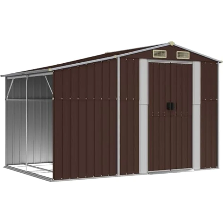 vidaXL Gerätehaus, Gartenhaus mit Schrägdach Griffe, Gartenschuppen Schuppen mit Stauraum, Geräteschuppen Metallschuppen, Braun 277x192,5x179 cm Verzinkter Stahl – Bild 1