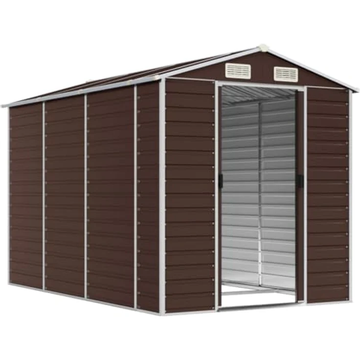 vidaXL Gerätehaus, Gartenhaus mit Schrägdach Griffe, Gartenschuppen Schuppen mit Stauraum, Geräteschuppen Metallschuppen, Braun 191x300x198 cm Verzinkter Stahl – Bild 3