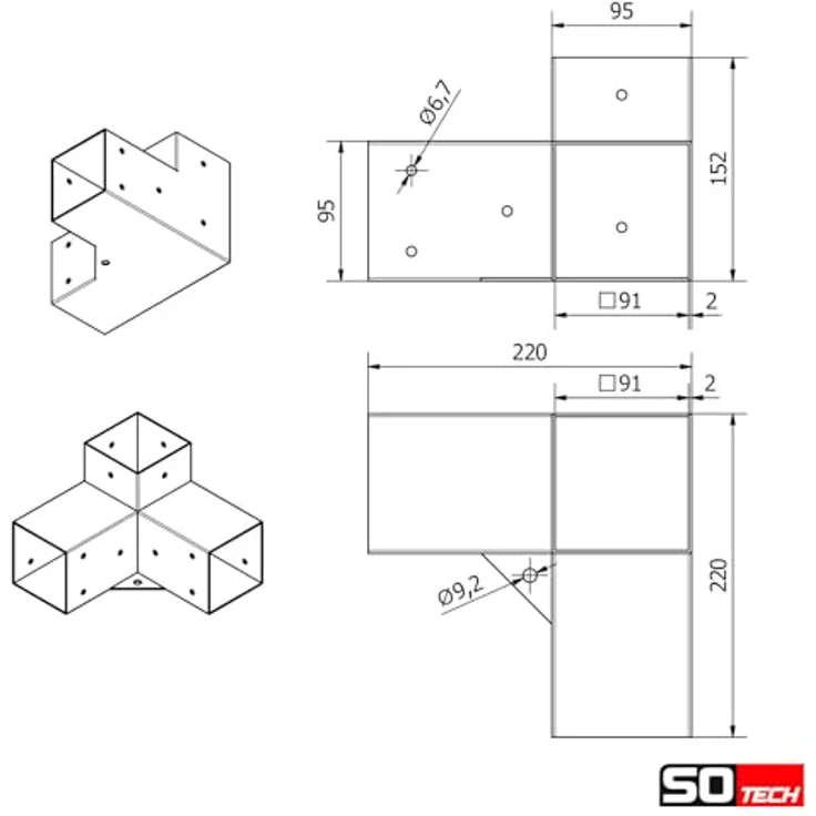 SO-TECH® Pfostenbeschlag Holzverbinder Eckverbinder, 90 x 90 mm, stark korrosionsgeschützt, schwarz pulverbeschichtet, inkl. 18 selbstschneidender Schrauben – Bild 7