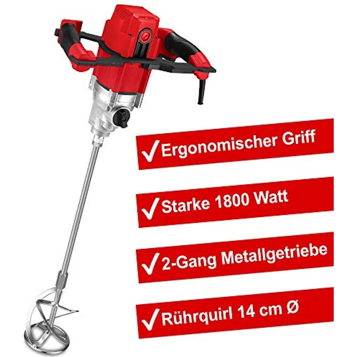 Hecht Rührwerk 1800 Watt, 2-Gang-Metallgetriebe mit ergonomischem Griff und 59 cm Rührquirl für dickflüssige Materialien – Bild 2