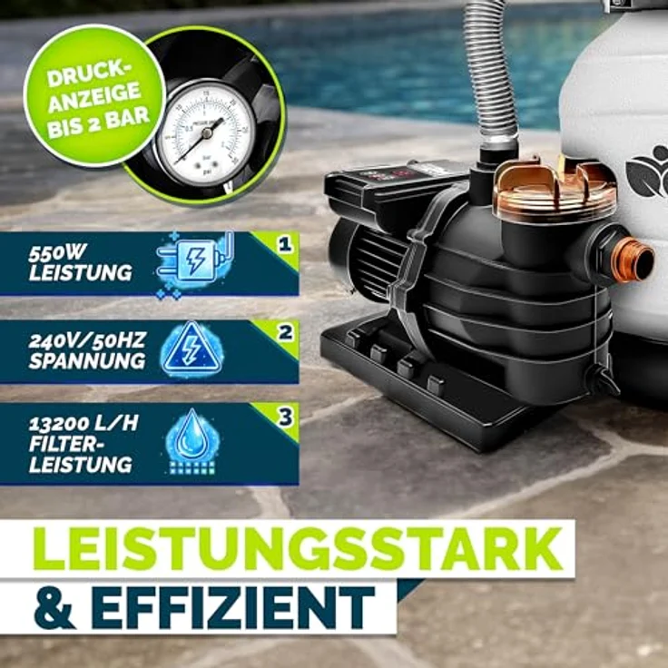 tillvex Sandfilteranlage 13.200L/h, inkl. 1200g Filterbälle, selbstansaugend mit 7-Wege Ventil & 2in1 Adapter Ø32-38mm für Pools bis 40.000L – Bild 4