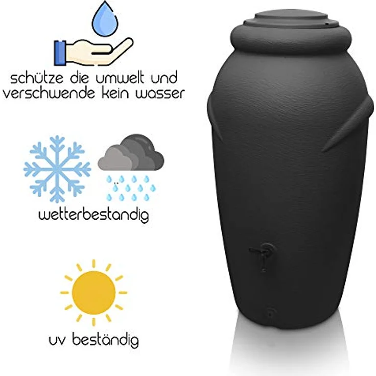 YourCasa Regentonne 210 Liter [Amphore Design] Anthrazit - Regenfass Frostsicher aus Kunststoff - Regenwassertonne mit Wasserhahn - Garten Regenwassersammler – Bild 4