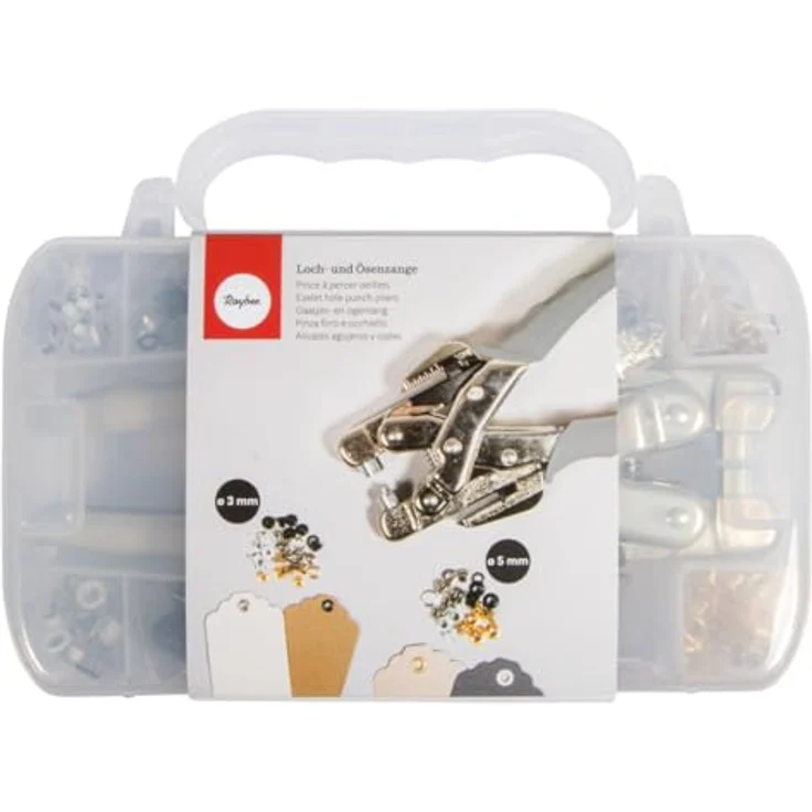 Rayher Loch- und Ösenzange, Universalwerkzeug im Plastikkoffer, inkl. 160 Ösen (3 mm und 5 mm ø) in 4 Farben, präzise Stanze für Papier, Leder und Stoff – Bild 1