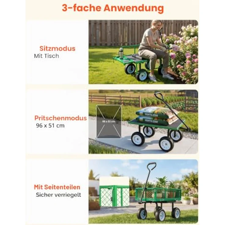 VEVOR Bollerwagen, 226,8 kg Tragkraft, Gartenwagen mit Sitz, PU-Rädern, abnehmbarem Tablett und verstellbarem Griff für Garten und Terrasse – Bild 5