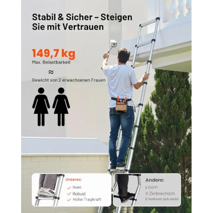 VEVOR Teleskopleiter 3740 mm, Aluminium-Klappleiter mit Ein-Knopf-Auszug, belastbar bis 150 kg, verbreiterte Stufen für sicheren Stand, ideal für Haus, Garten & Dachboden – Bild 2
