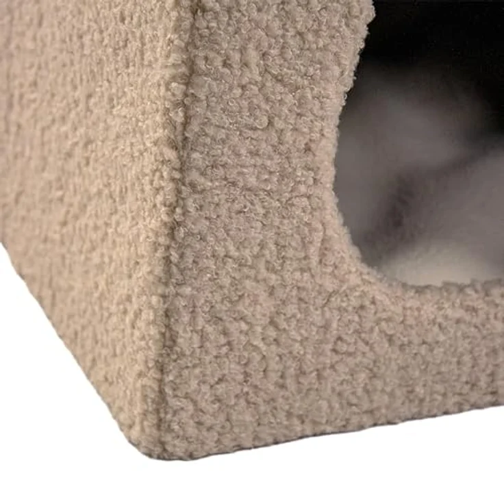 hjh LIVING Pawy Es Katzenbett + Hundebett, eckige Katzenhöhle mit Katzenkopfform, faltbares Design, Bouclé-Stoff, abnehmbares Teddy-Kissen – Bild 5
