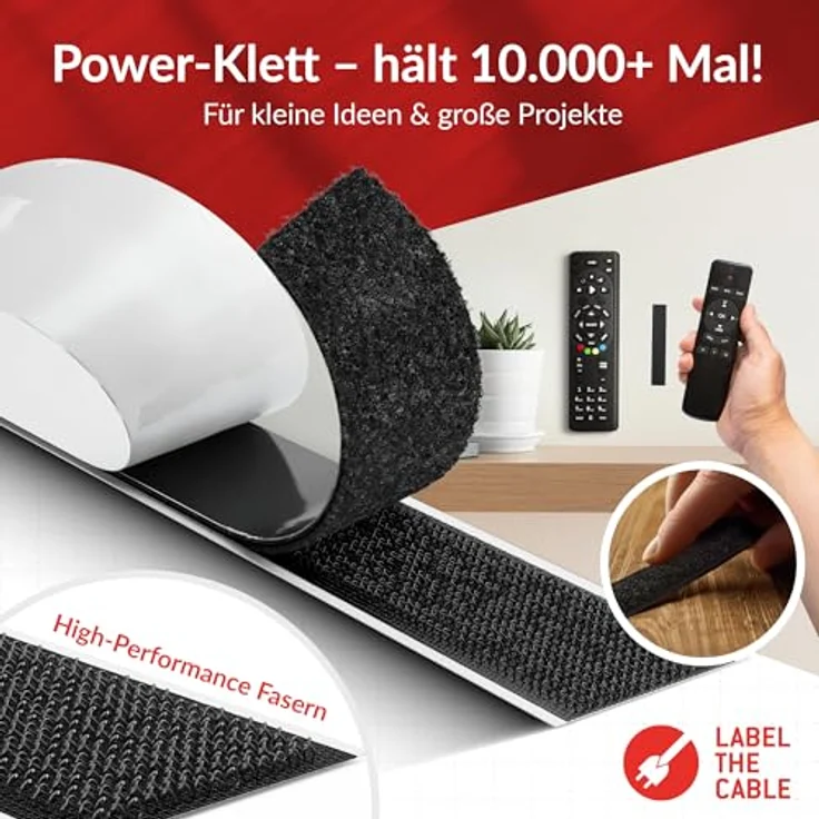 LABEL THE CABLE Klettband selbstklebend, sofort belastbar, 8m x 20mm, schwarz, für Bilder, Polster und Kabelmanagement – Bild 3