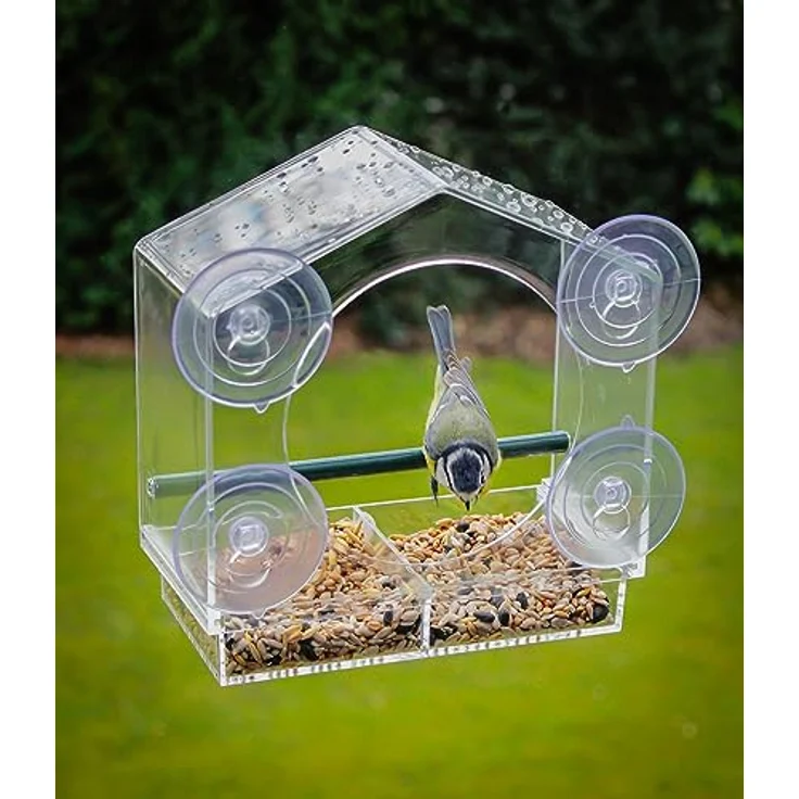 Fenster Futterhäuschen für Vögel - 20 x 18 cm - Transparentes Vogelhäuschen mit Saugnäpfen und Sitzstange - Vogel Futterstation Futterhaus Futterstelle Futterspender zum Befestigen an Glasscheiben – Bild 4