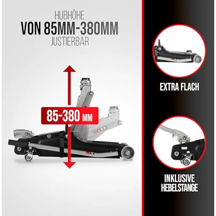 HEYNER® Rangierwagenheber Hydraulik, extra flach, 2,25t Traglast, Hubhöhe 85-380mm, mit Gummiauflage und Schwenkrädern – Bild 6