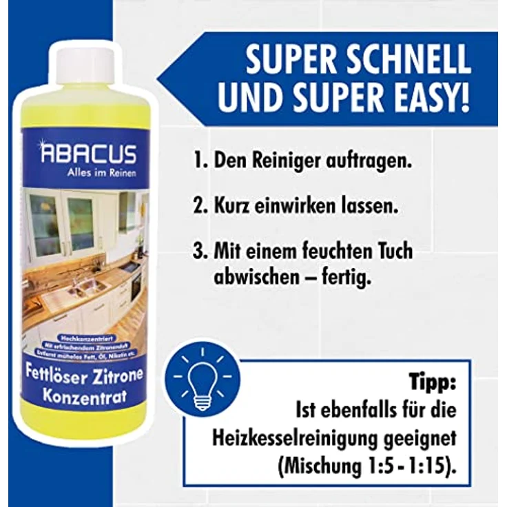 Fettlöser Zitrone Konzentrat, Zitronen Allzweckreiniger Konzentrat, Küchenreiniger, Kraftreiniger, Universalreiniger, Nikotinentferner – ABACUS Fettlöser Zitrone Konzentrat 2x 1000 ml (7699.2) – Bild 5