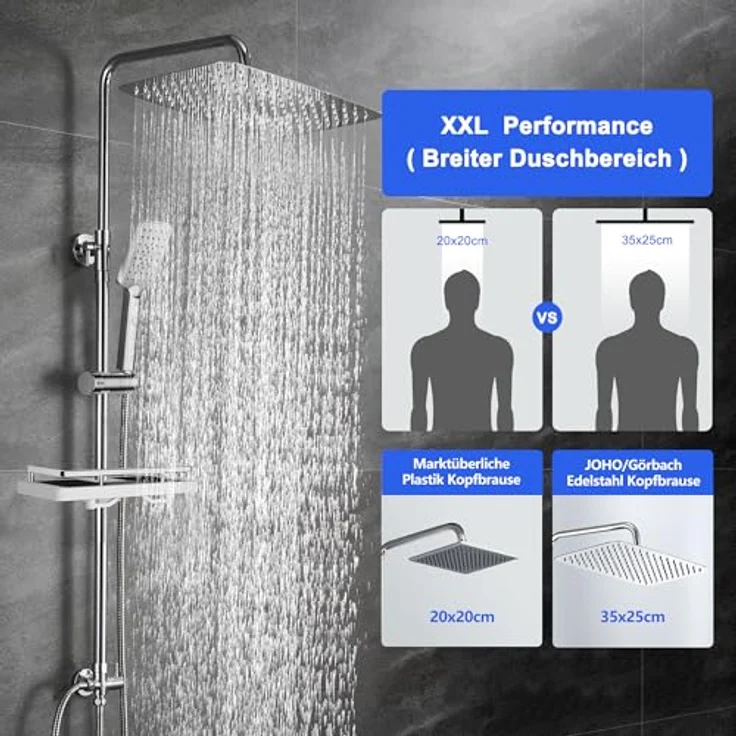 JOHO Edelstahl Duschsystem, XXL-Regendusche 35x25 cm ohne Armatur, verstellbare Duschstange, chrom – Bild 2