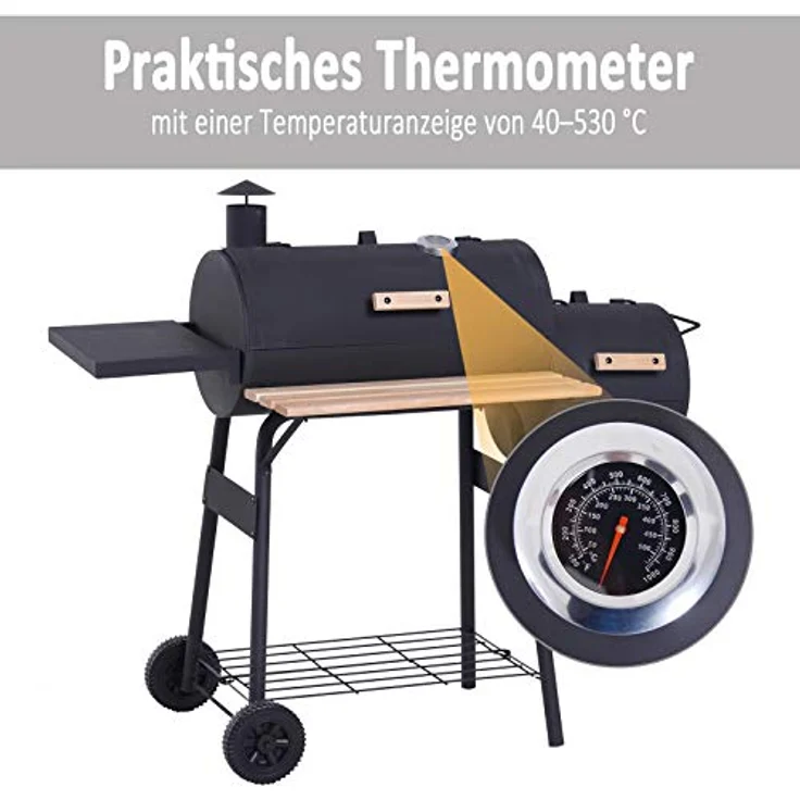 Outsunny Smoker Grill BBQ Holzkohlengrill Grillwagen Multifunktion mit 2 x Brennkammer Schornstein Metall + Tannenholz Schwarz 124 x 53 x 104 cm – Bild 4
