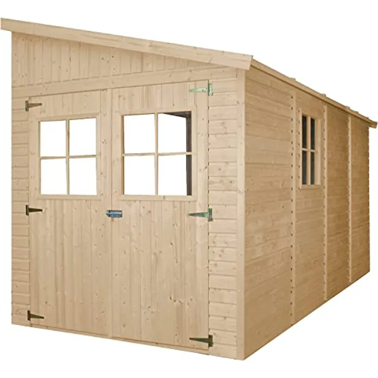 TIMBELA Holz Gartenschuppen (ohne Seitenwand) - Abstellkammer mit Fenstern - H244x211x416 cm/8 m2 Naturholz-Shiplap-Schuppen - Gartenwerkstatt - Fahrrad- Geräteschuppen M340