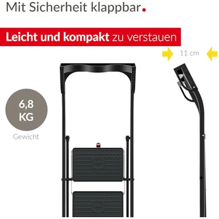 Hailo K77 ComfortLine Klapptritt - 3-stufige Trittleiter aus Stahl mit Sicherheitsbügel und Ablageschale - Arbeitshöhe bis 2,69 m - Gewicht: 6,8 kg - Schwarz – Bild 5