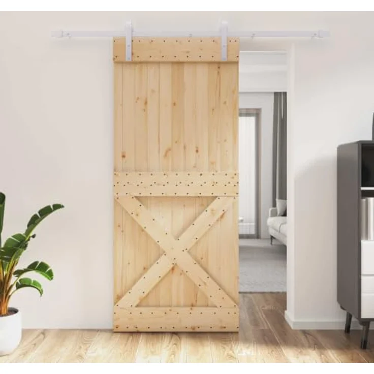 vidaXL Schiebetür 90 x 210 cm, Massivkiefer in Natürlich und Weiß, Elegantes modernes Design, platzsparend, minimalistisch, idealer Raumteiler – Bild 2