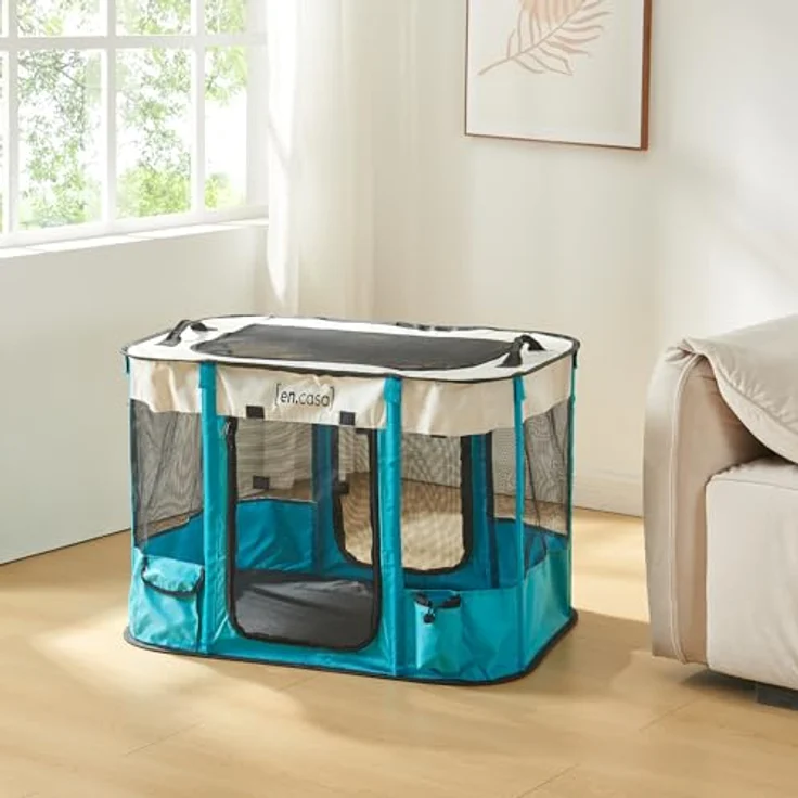 [en.casa] Welpenauslauf Mörbylånga, faltbar, 70 x 55 x 45 cm, tragbarer Pop Up Haustierlaufstall für Hund und Katze, Indoor/Outdoor, Blau/Beige – Bild 4