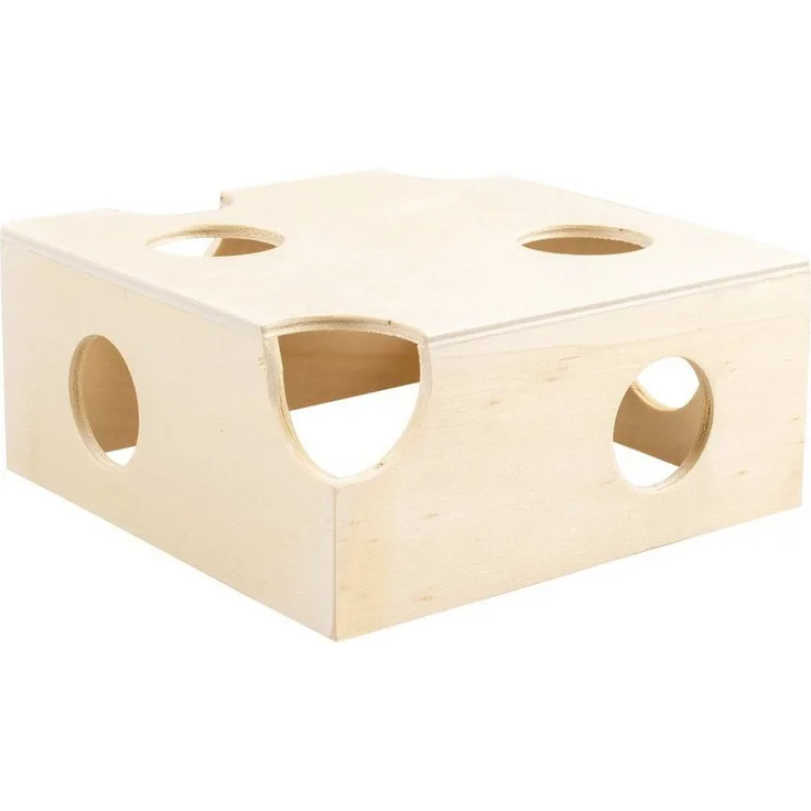DUVO+ Nagerhaus Käsehaus aus Holz, braun, Spielzeug für Nagetiere zur Zahnpflege, 17 x 17 x 7,7 cm