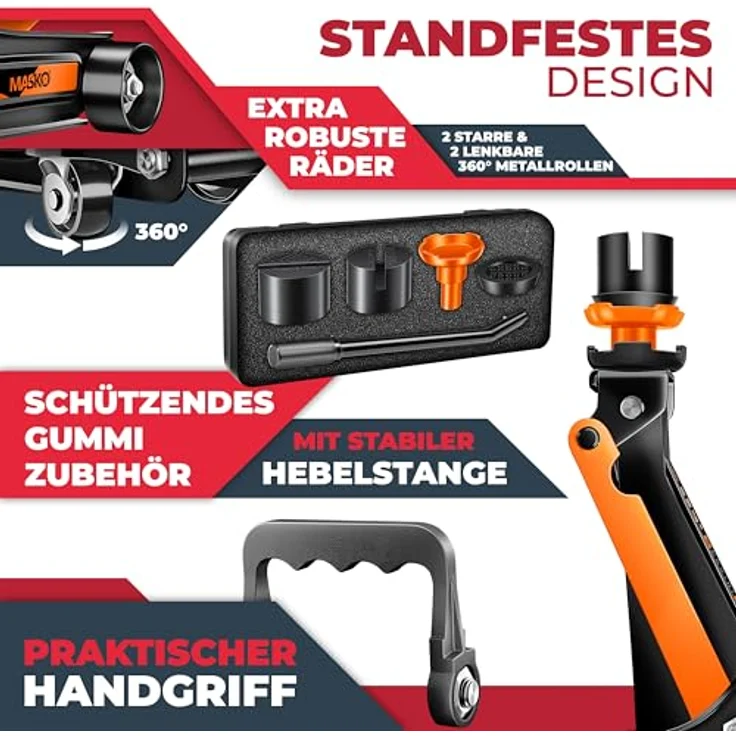 Masko Wagenheber hydraulisch Flache Hubhöhe + 2x Gummiauflage + Handschuhe, KFZ Rangierwagenheber hydraulischer 360° Rollen Heber Unterstellbock, 2.5 Tonnen, in Rot – Bild 4