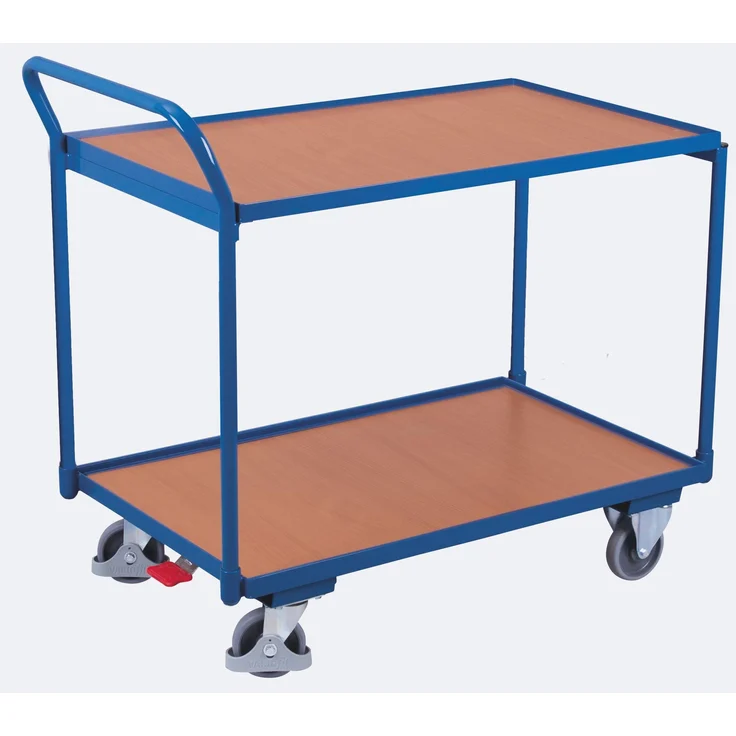 Variofit Transportwagen, Tischwagen (250 kg) mit L-Profil, Buchen-Dekor-Oberfläche, pulverbeschichtet in Gentianblau, graue Gummireifen mit Präzisionslager – Bild 1