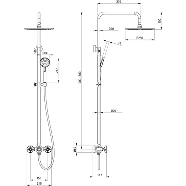 TRIZERATOP Duscharmatur Duschsystem Zweigriff Nero, mit höhenverstellbarer Kopfbrause, Anti-Calc-Funktion, aus Edelstahl 304 – Bild 2