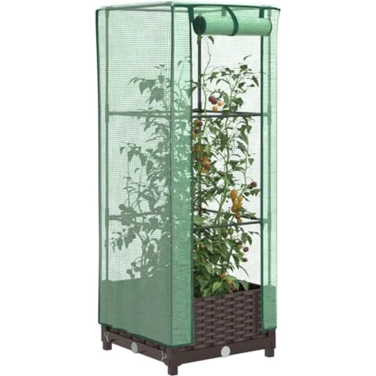 vidaXL Hochbeet mit Gewächshaus-Aufsatz, Rattan-Optik, stabiler Eisenrohr-Rahmen, wasserfeste Abdeckung, braun, 40x40x123 cm – Bild 2
