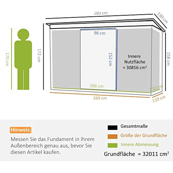 Outsunny Gerätehaus, Gartenhaus, Geräteschuppen mit Schiebetür, Lüftungsfenster, Pultdach, Outdoor, Stahl, Dunkelgrau, 280 x 130 x 172 cm – Bild 3