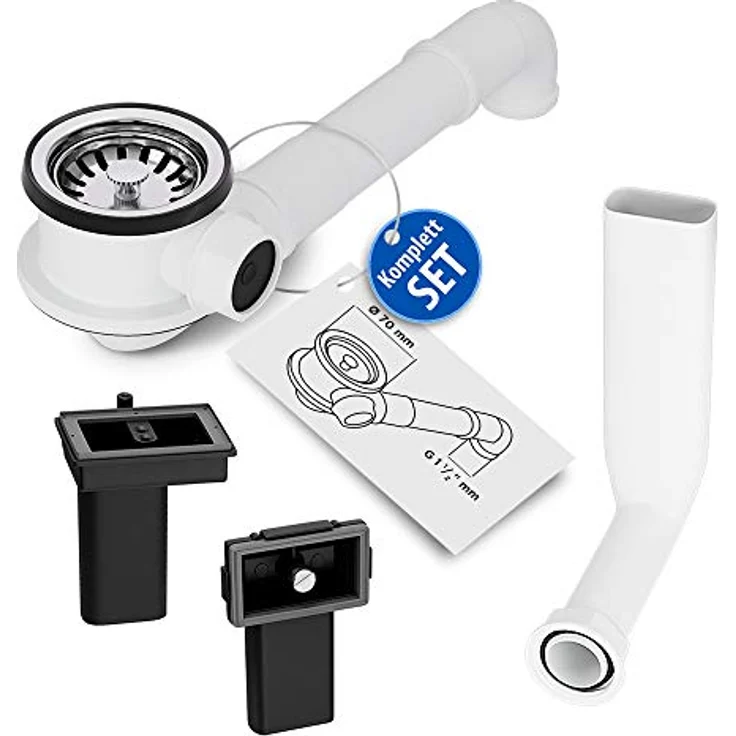 AquaDE Siebkorbventil 70 mm mit Raumschaffer und Überlauf-Set für Küchenspüle, rostfreier Edelstahl, weiß – Bild 2
