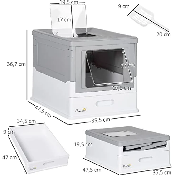 PawHut Katzentoilette Katzenklo mit Deckel Katzenhaus mit Bodenschale und Schaufel Desodorierungsbox Kunststoff Weiß+Grau 47,5 x 35,5 x 36,7 cm – Bild 3