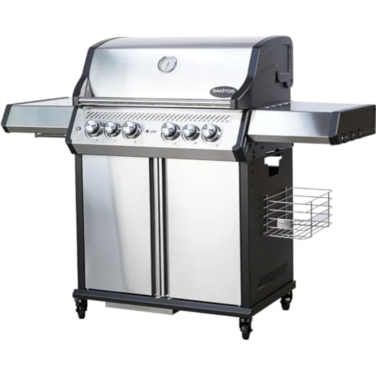 SANTOS S-418 Pro Edelstahl Gasgrill mit Seitenbrenner, Heckbrenner, hochwertiger Edelstahlhaube und Profi-Ausstattung