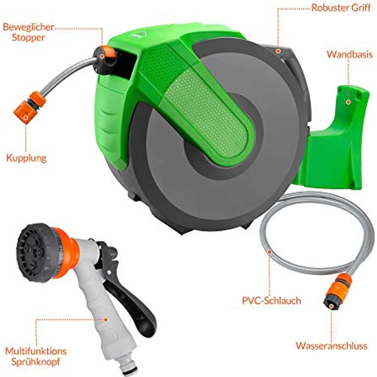 GARDEBRUK Schlauchaufroller Wasser 30 + 2m Schlauchtrommel 7-in-1 Handbrause Gartenschlauch – Bild 3