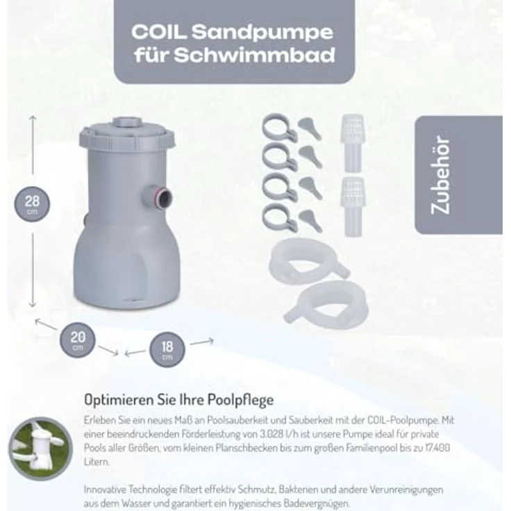 COIL Poolpumpe Filteranlage, Sandfilter mit Kartuschenfilter & Filtrationskugeln, Kapazität 3028 l/h für Pools bis 17400 l, 60W, 220-240V – Bild 2
