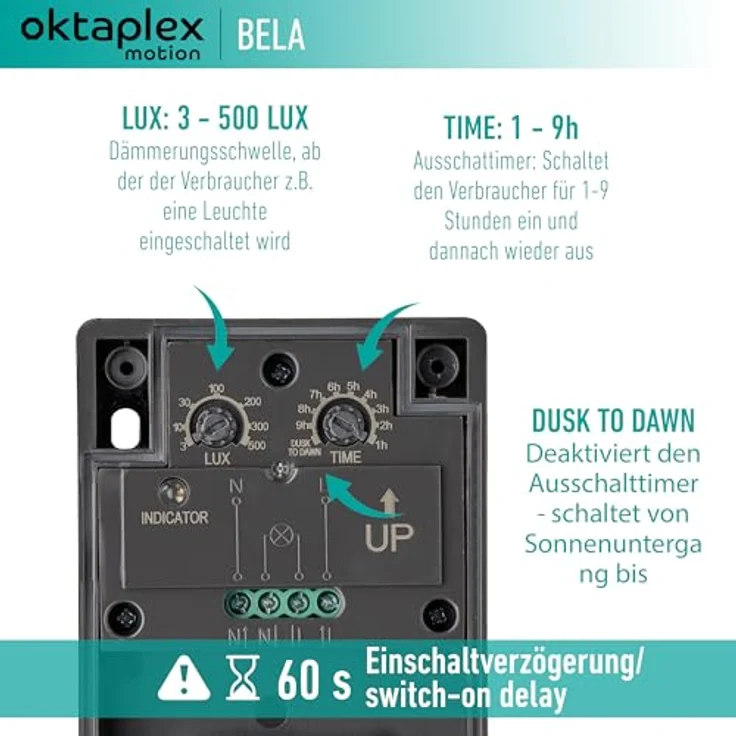 Oktaplex motion Dämmerungsschalter Aussen Bela mit Ausschalttimer IP65 230V anthrazit einstellbarer Dämmerungssensor – Bild 2