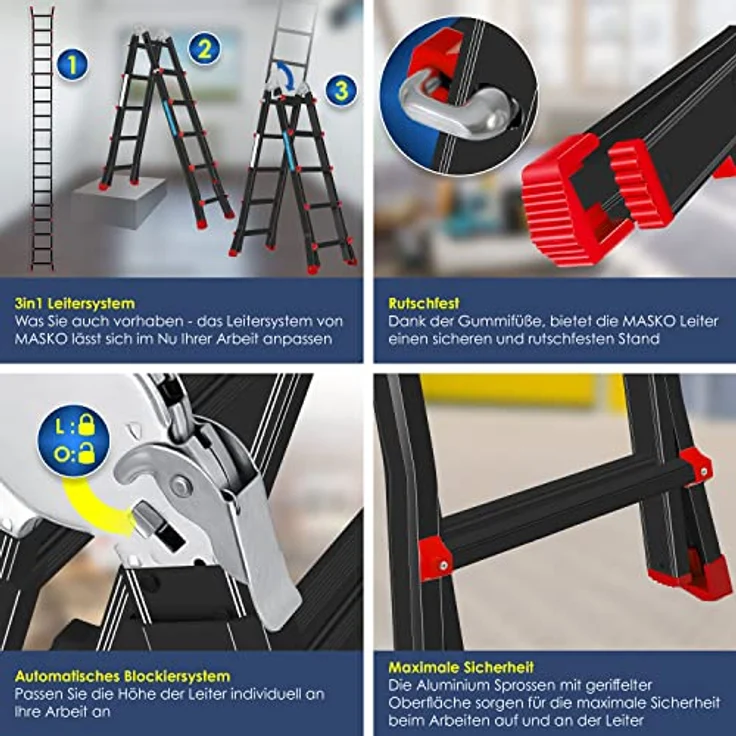 Masko Aluminium Teleskopleiter Multifunktionsleiter Aluleiter Klappleiter Anlegeleiter 5.10m - 4x5 Sprossen Black-Rot – Bild 3
