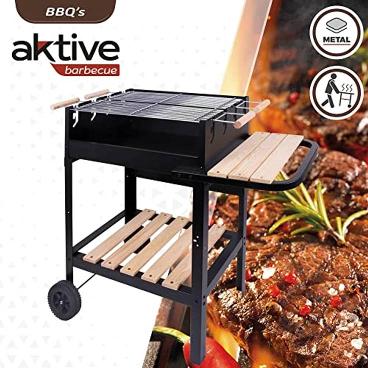 AKTIVE 52975 Holzkohle- und Holzkohlegrill mit doppeltem Grill, 100,5 x 40 x 88,5 cm, 3 höhenverstellbar, 2 integrierte Rollen für einfachen Transport, emailliertes Metall und Holz – Bild 2