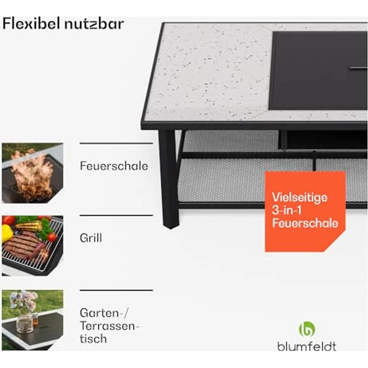 Blumfeldt Merano Avanzato L Feuerschale, 3-in-1 mit Grillrost & Tisch, robuster Stahlrahmen, elegante Terrazzo-Tischplatte, inkl. Funkenschutz, Schürhaken & Deckel, für Garten & Terrasse – Bild 3