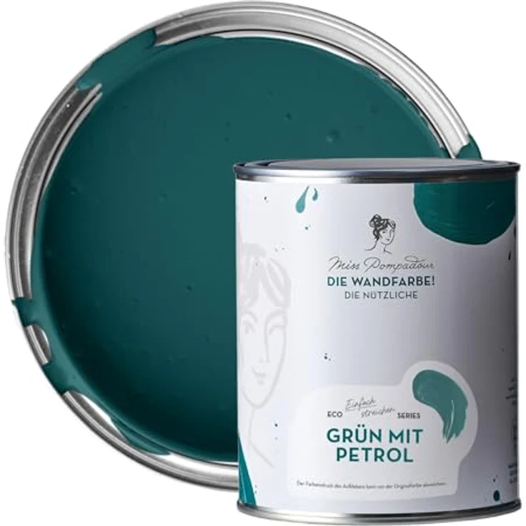 MissPompadour Wandfarbe Grün mit Petrol, abwaschbare, scheuerbeständige Wandfarbe mit hoher Deckkraft, 1 L, wasserbasiert – Bild 1